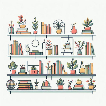 Shelves with books and plants. Vector illustration in vintage style.のイラスト素材