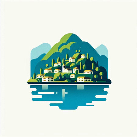 Village on the lake. Landscape design. Vector illustration.のイラスト素材