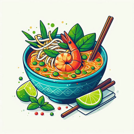 Noodle soup with prawns and lime. Vector illustration.のイラスト素材