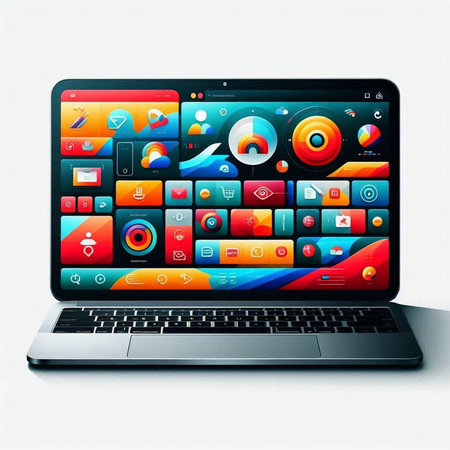 Laptop with colorful application icons on the screen. Vector illustration.のイラスト素材