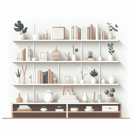Bookshelf with books and decorations on white background. Vector illustration.のイラスト素材