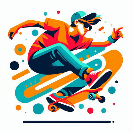 Skateboarder jumping on colorful background. Vector illustration in retro style.のイラスト素材