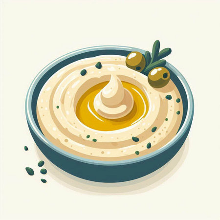 Bowl of hummus with olive oil and olives. Vector illustration.のイラスト素材