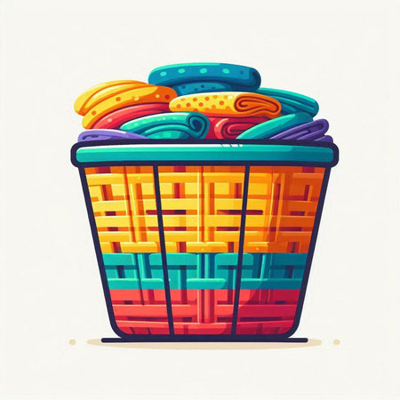 Colorful basket full of clothes on white background. Vector illustration.のイラスト素材