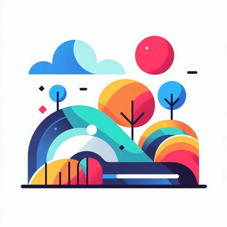 Vector illustration of modern flat design landscape with colorful trees and clouds.のイラスト素材