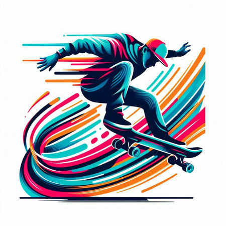 Skateboarder with skateboard on colorful abstract background, vector illustrationのイラスト素材