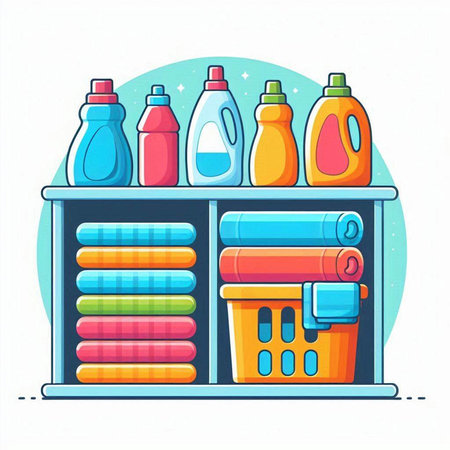 Detergents and cleaning products on shelf, vector illustration.のイラスト素材