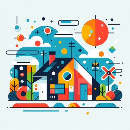 Vector illustration of a modern house on a colorful background. Flat style.のイラスト素材