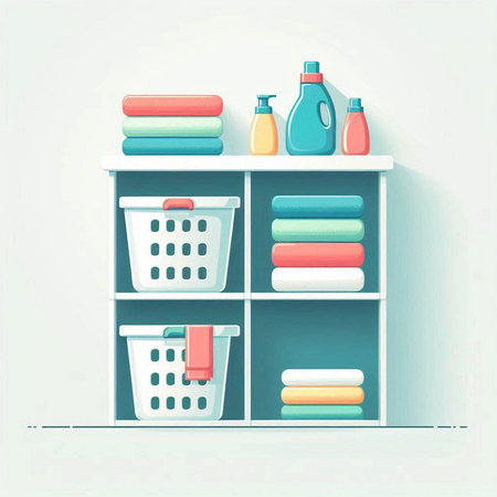 Illustration of a shelf with cleaning products in a flat style.のイラスト素材