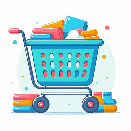 Shopping cart full of household items. Vector illustration in cartoon style.のイラスト素材