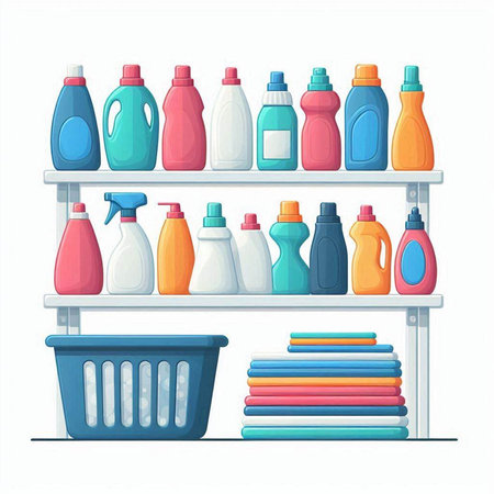 Detergents and bottles on shelf. Vector illustration in cartoon styleのイラスト素材