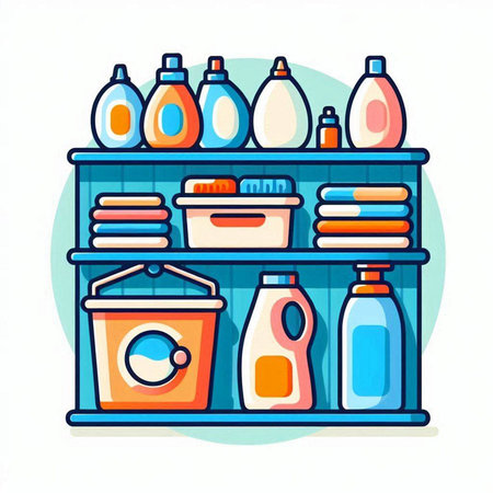 Detergents and cleaning products on the shelf. Vector illustration.のイラスト素材