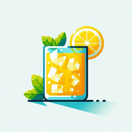 Glass of orange juice with ice cubes and mint leaves. Vector illustration.のイラスト素材