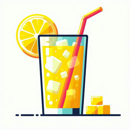 Orange juice with ice cubes and straw. Vector illustration in flat styleのイラスト素材