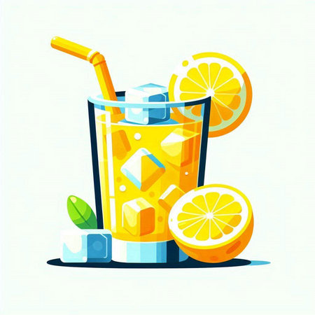 Orange juice with ice cubes and straw. Vector illustration in flat styleのイラスト素材