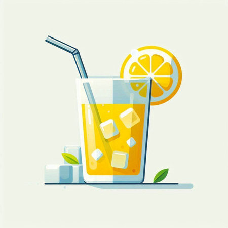 Glass of orange juice with ice cubes and straw. Vector illustration.のイラスト素材