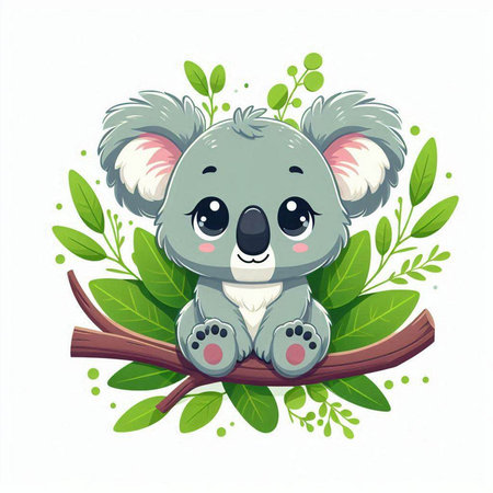 Cute cartoon koala on a branch with green leaves. Vector illustration.のイラスト素材