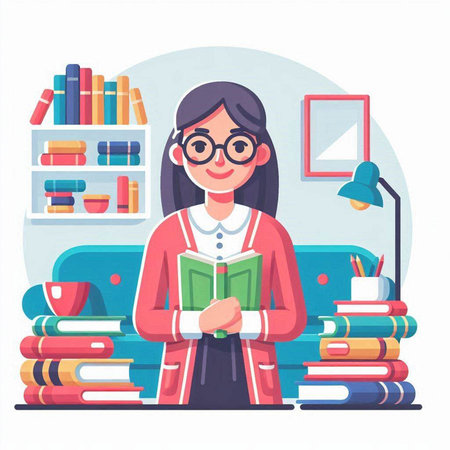 Girl reading a book at home. Vector illustration in a flat styleのイラスト素材