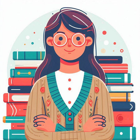 Vector illustration of a girl in glasses with a book in her handsのイラスト素材