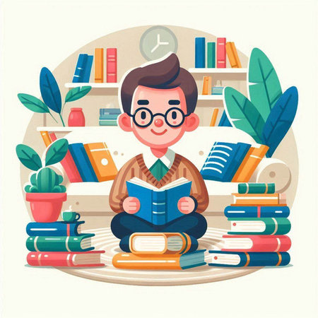 Boy reading a book in the library. Vector illustration in flat styleのイラスト素材