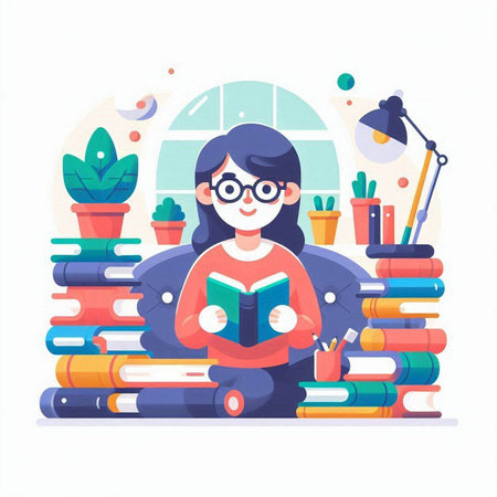 Cute girl reading a book at home. Vector illustration in a flat styleのイラスト素材
