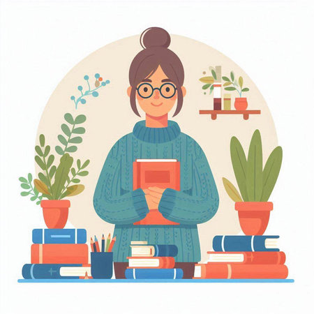 Woman with books and plants. Vector illustration in flat cartoon style.のイラスト素材