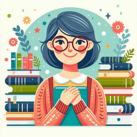 Girl in glasses with a book in her hands. Vector illustration.のイラスト素材
