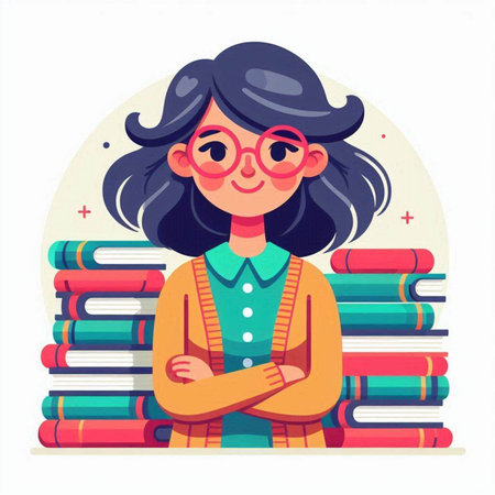 Girl in glasses stands near stack of books. Vector illustration in flat styleのイラスト素材