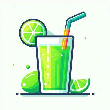 Cocktail with lime and straw. Vector illustration in flat styleのイラスト素材