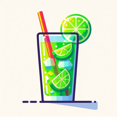 Cocktail with lime and straw. Vector illustration in flat styleのイラスト素材