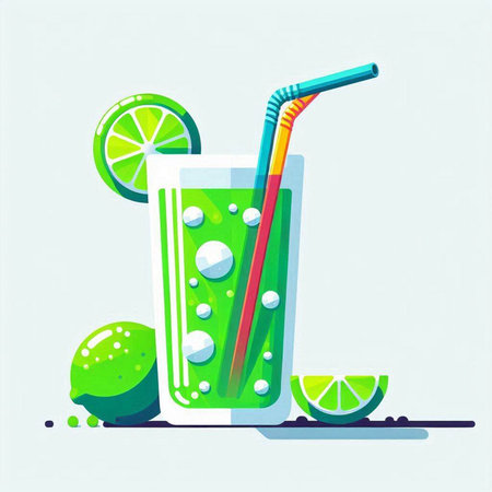 Cocktail with lime and straw. Vector illustration in flat styleのイラスト素材