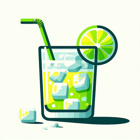 Cocktail with lime, ice cubes and straw. Vector illustrationのイラスト素材