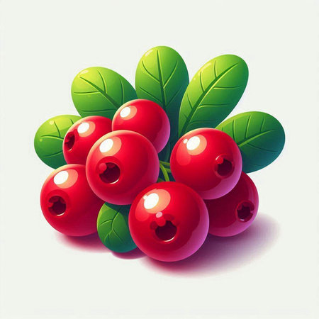Illustration of fresh cranberries with green leaves on a white backgroundのイラスト素材