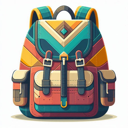 Colorful backpack isolated on white background. Cartoon style vector illustration.のイラスト素材