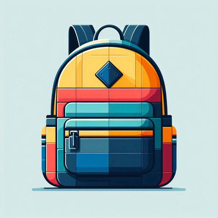 Colorful school backpack on a blue background. Back to school. Vector illustrationのイラスト素材