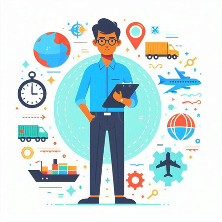 Man with clipboard. Logistics, transportation and shipping concept. Vector illustration in flat styleのイラスト素材