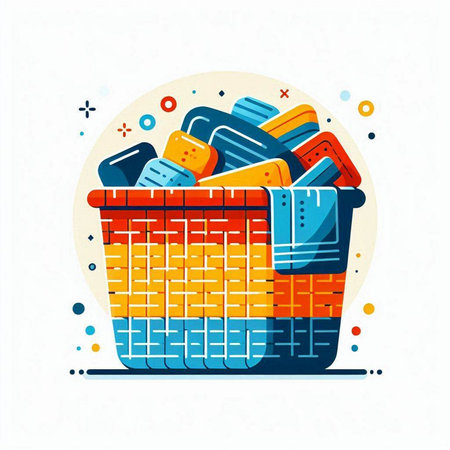 Shopping basket with different goods. Colorful flat vector illustration.のイラスト素材