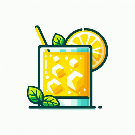 Cocktail with ice cubes, lemon and mint. Vector illustration.のイラスト素材