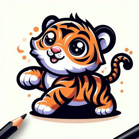 Illustration of a cute tiger sitting on a white background with a pencilのイラスト素材