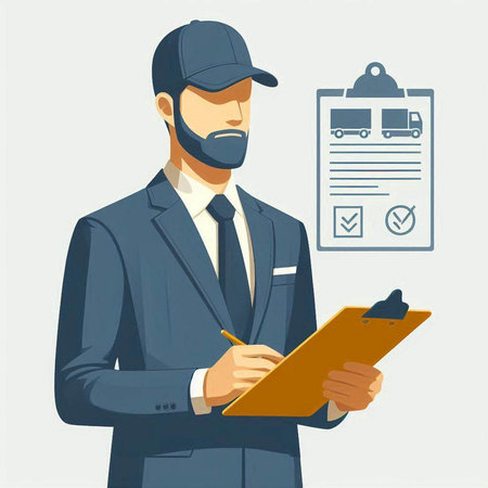 Delivery man in uniform and cap with clipboard. Vector illustration in cartoon styleのイラスト素材