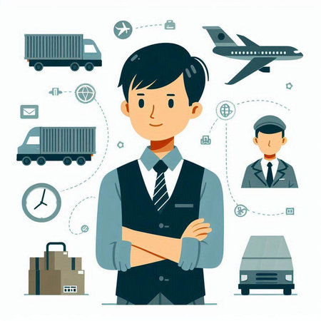 Vector illustration of a young man in a working environment. Flat style.のイラスト素材