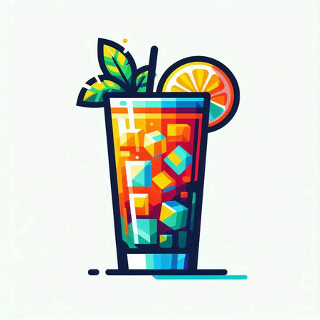Cocktail with ice cubes and mint. Colorful vector illustration.のイラスト素材