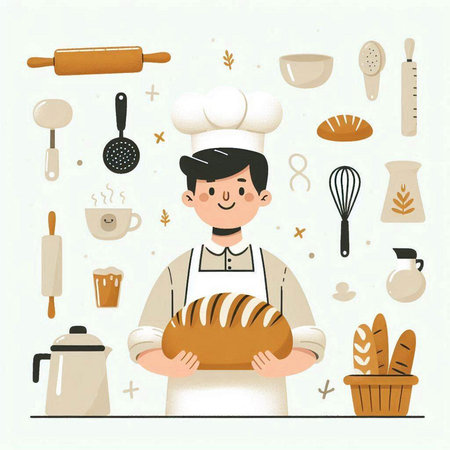 Baker with bread and kitchen utensils. Vector illustration.のイラスト素材