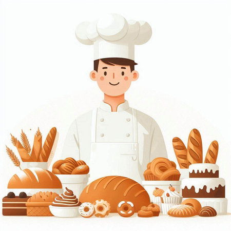 Chef with different types of bread and pastries. Vector illustrationのイラスト素材