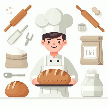 Chef with bread and bakery products. Vector illustration in flat styleのイラスト素材