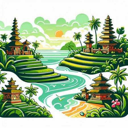 Buddhist temple on the bank of the river, vector illustrationのイラスト素材