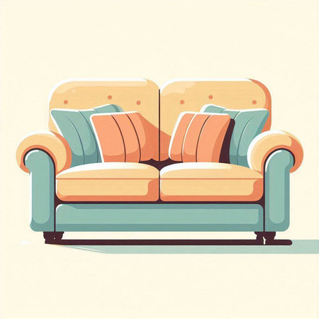 Sofa with pillows in retro style. Vector illustration.のイラスト素材