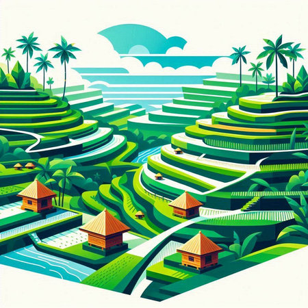 Green rice terraces with palm trees and houses. Vector illustration.のイラスト素材
