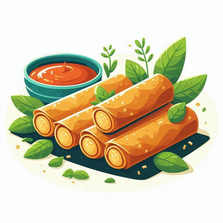 Fried spring rolls with tomato sauce and green leaves. Vector illustration.のイラスト素材
