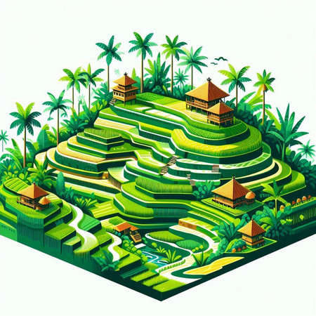 Rice terraces with palm trees and houses on a white backgroundのイラスト素材